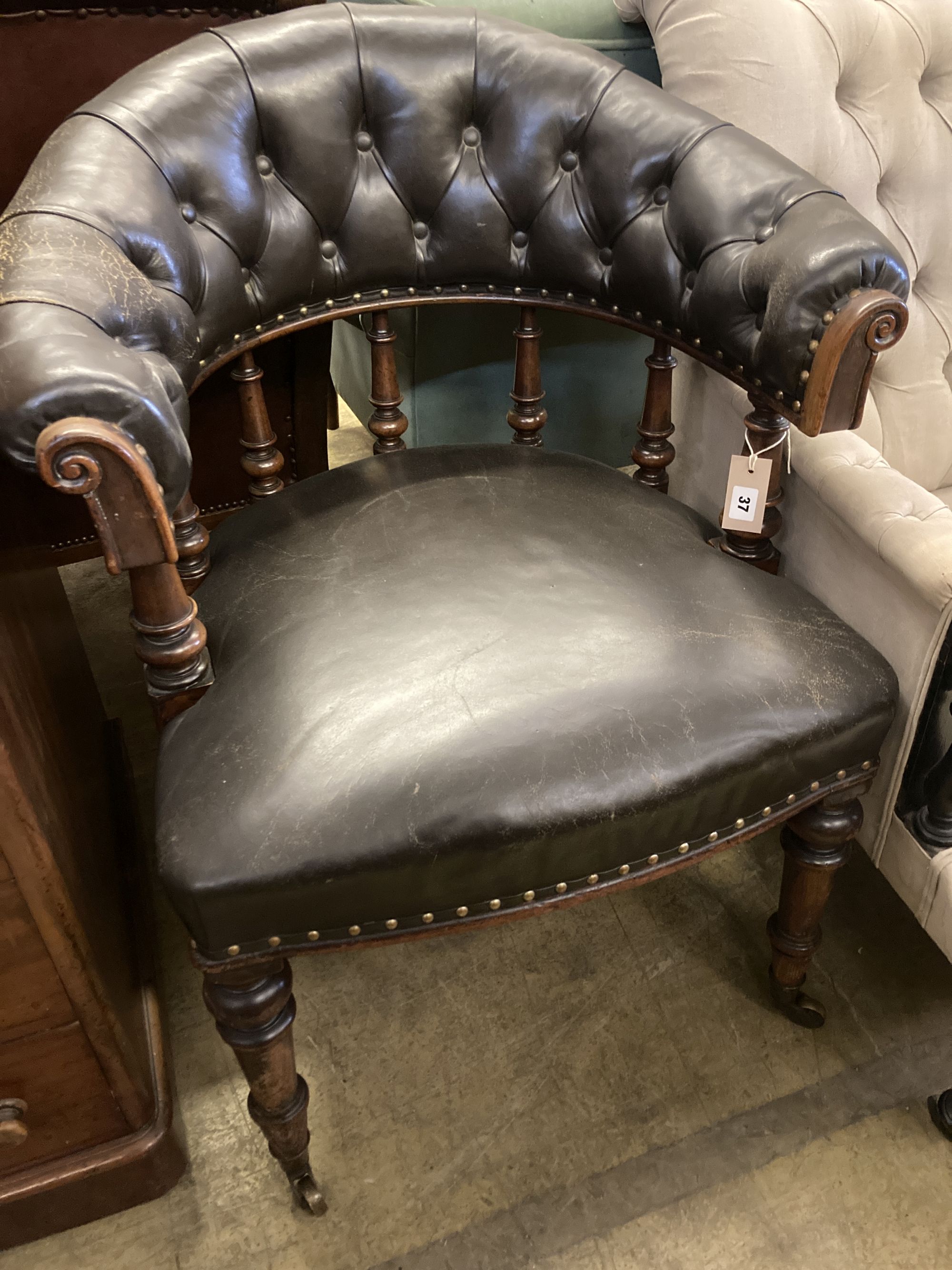 A Victorian mahogany tub framed library chair, width 70cm, depth 60cm, height 88cm